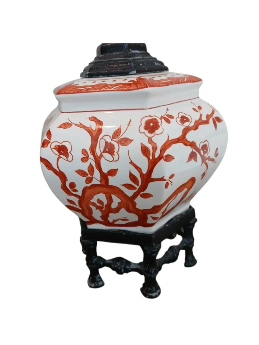 Chinoiserie Orange Blossom Porcelain Table Lamp Faux Bamboo Base 19.5